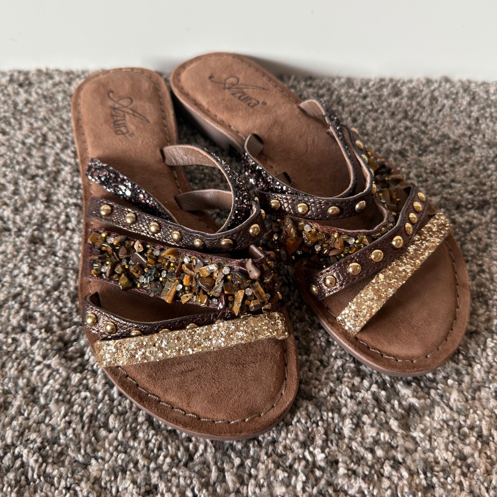 Azura Minerals Bronze Embellished Beaded Strappy Slide Sandals Size 36 EU